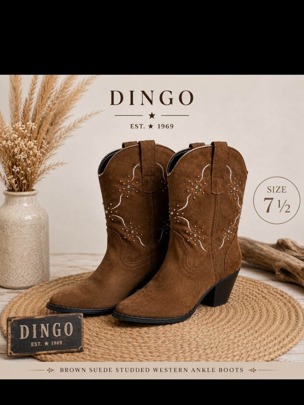 Dingo Brown Suede Studded Western Ankle Boots Heeled